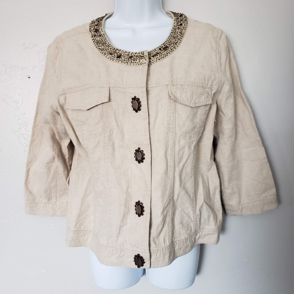 J. Jill Women's Medium Beige Blazer Jacket Quarter Sleeve Brown Beaded Linen Top - Picture 1 of 11